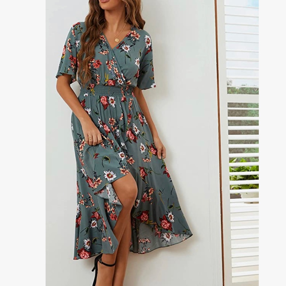 Kormei V Neck Short Sleeve High Low Flowy Casual Maxi Dress, Large, Grey Floral